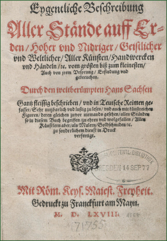 Titelseite des Ständebuches von 1568 mit Versen von Hans Sachs und Grafiken von Jost Amman