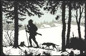 Scherenschnitt: Jäger im Wald